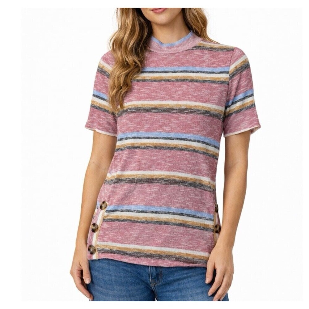 Almost Famous ribbed T-shirt Tee stripped mock neck stretch button side SZ M